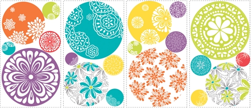 Samolepící dekorace, samolepky, nálepky, aplikace Barevné puntíky s květinovým dekorem - pestrobarevná kolečka