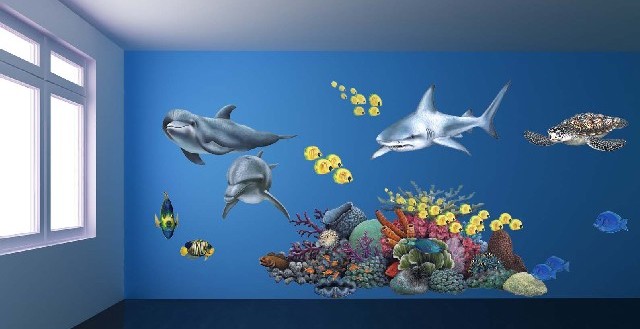 Dětské dekorace Lunami - inspirace,inspirace dětský pokoj,inspirace obývací pokoj, samolepky, samolepící obrázky, nástěnná dekorace Moře - Mořský svět - žralok, delfín, želva, korálový útes